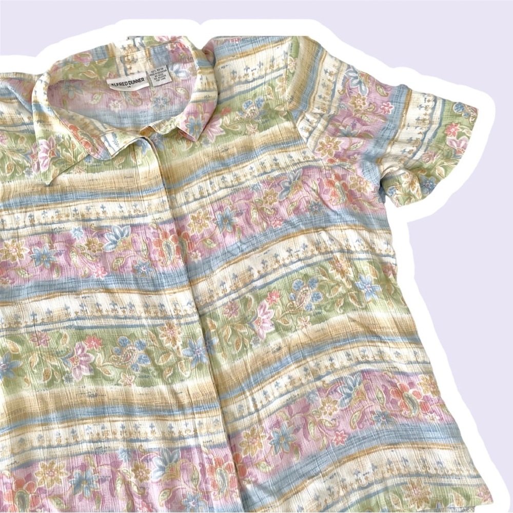 Vintage  Pastel Shirt Striped Shoulder Pad 80s Floral All Over Print 14 Large